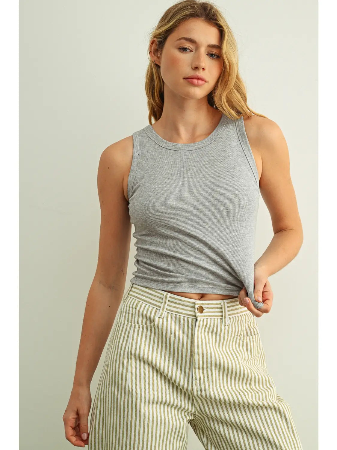 Sleeveless Ribbed Tank with Built in Bra - Grey