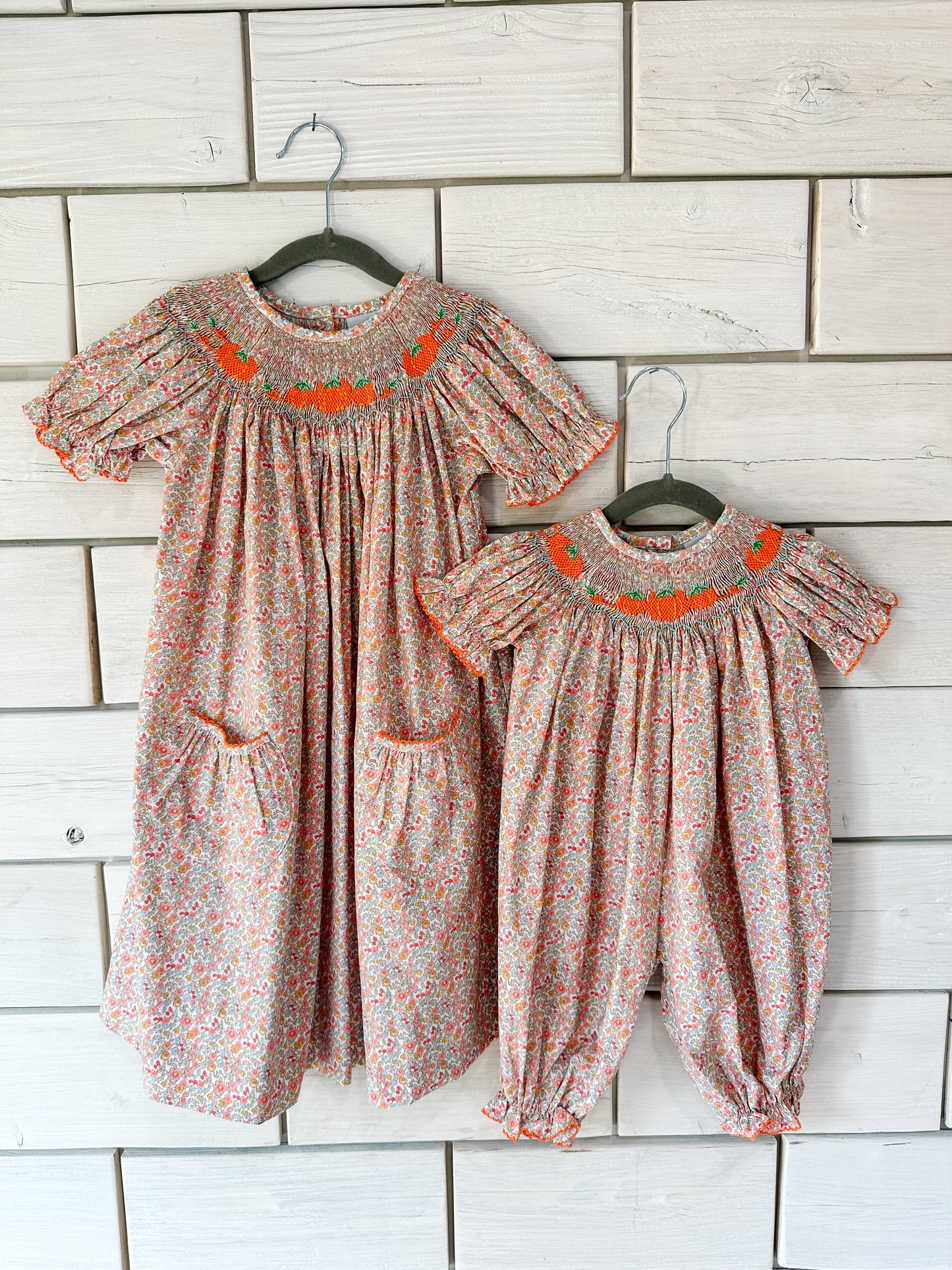 Fall Floral Smocked Pumpkins Bishop Long Bubble