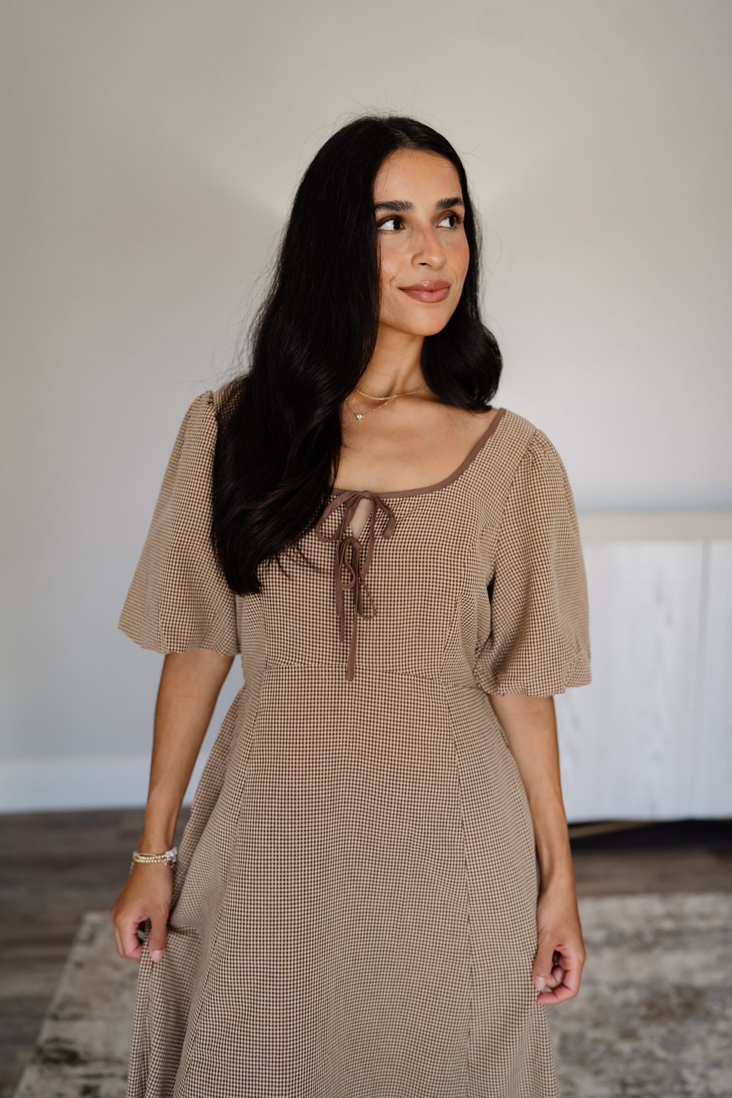 Brown/taupe gingham bow dress