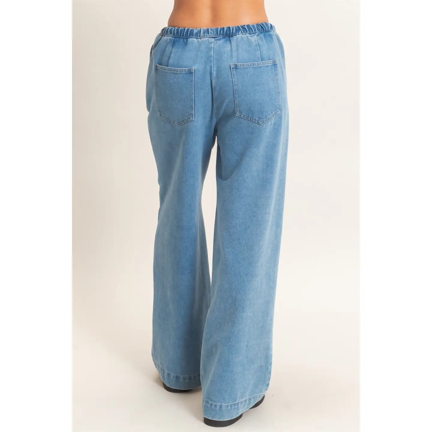 Elastic Waist Wide Leg Denim Pants - Medium Wash