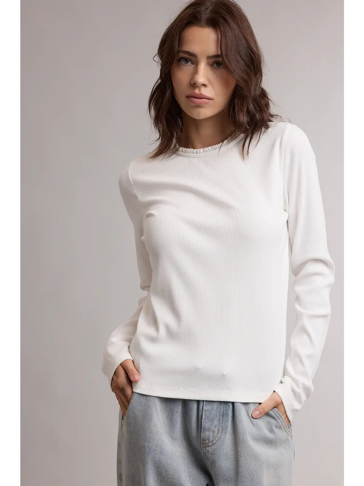 Ribbed Scallop Neck Knit Top - Off White