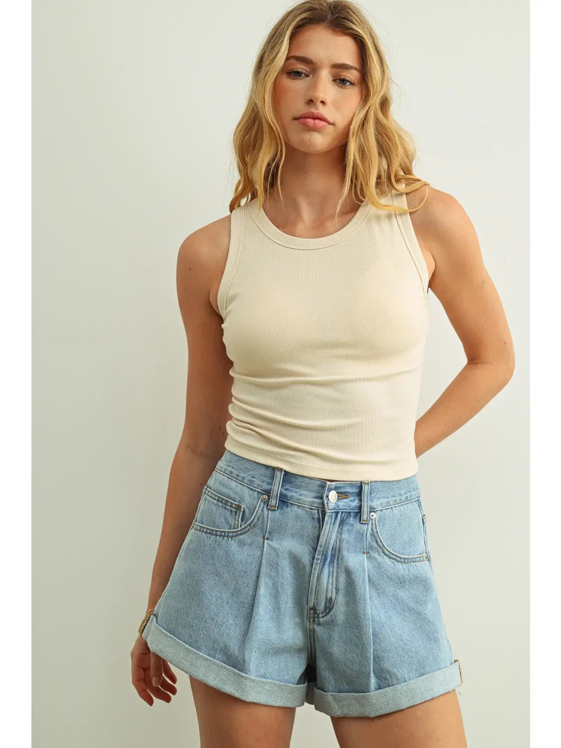 Sleeveless Ribbed Tank with Built in Bra - Cream