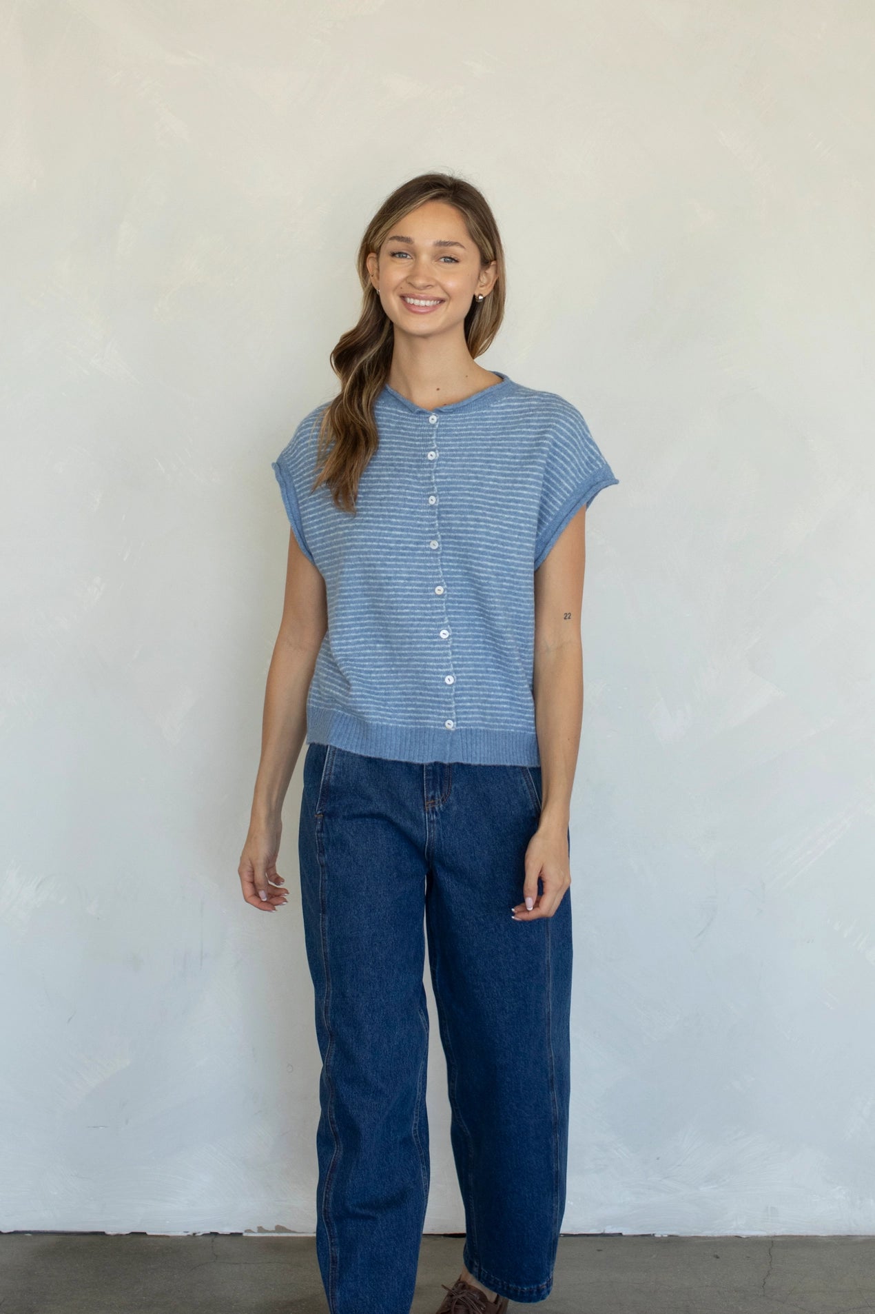 Striped Piper Vest Cardigan - Dusty Blue