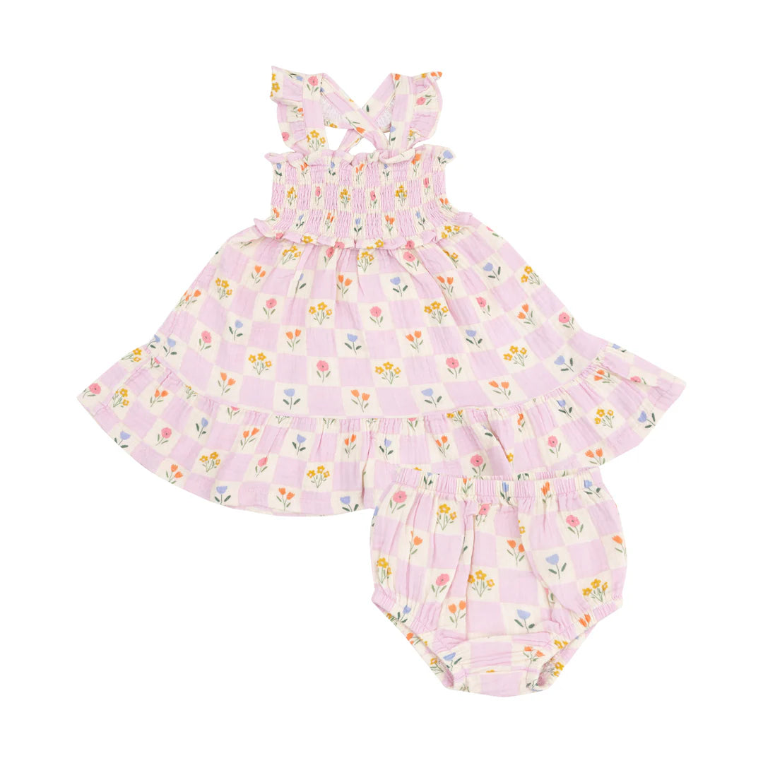 Angel Dear Floral Check Smocked Ruffle Sundress