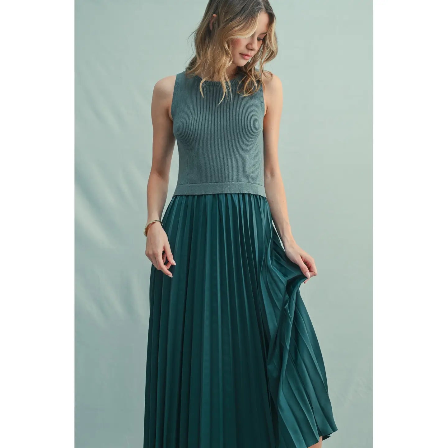 Mixed Media Pleated Midi Dress