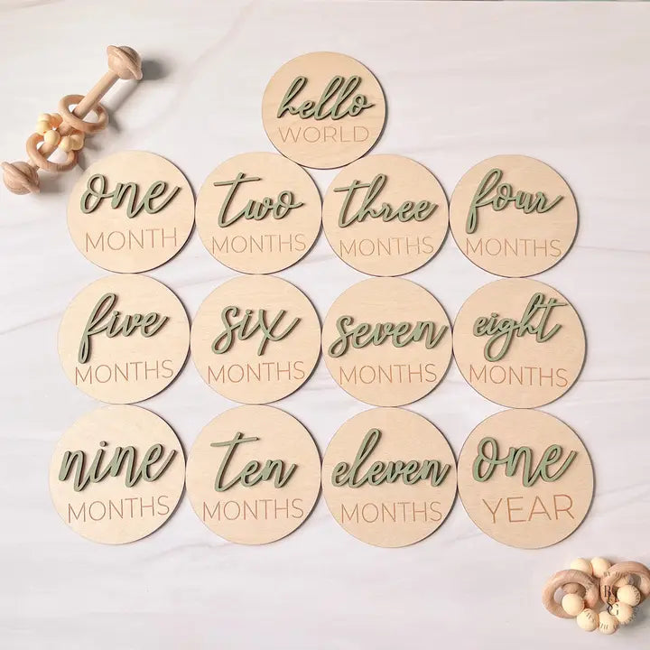 3D Wooden Monthly Milestone Discs w/ Sage Letters