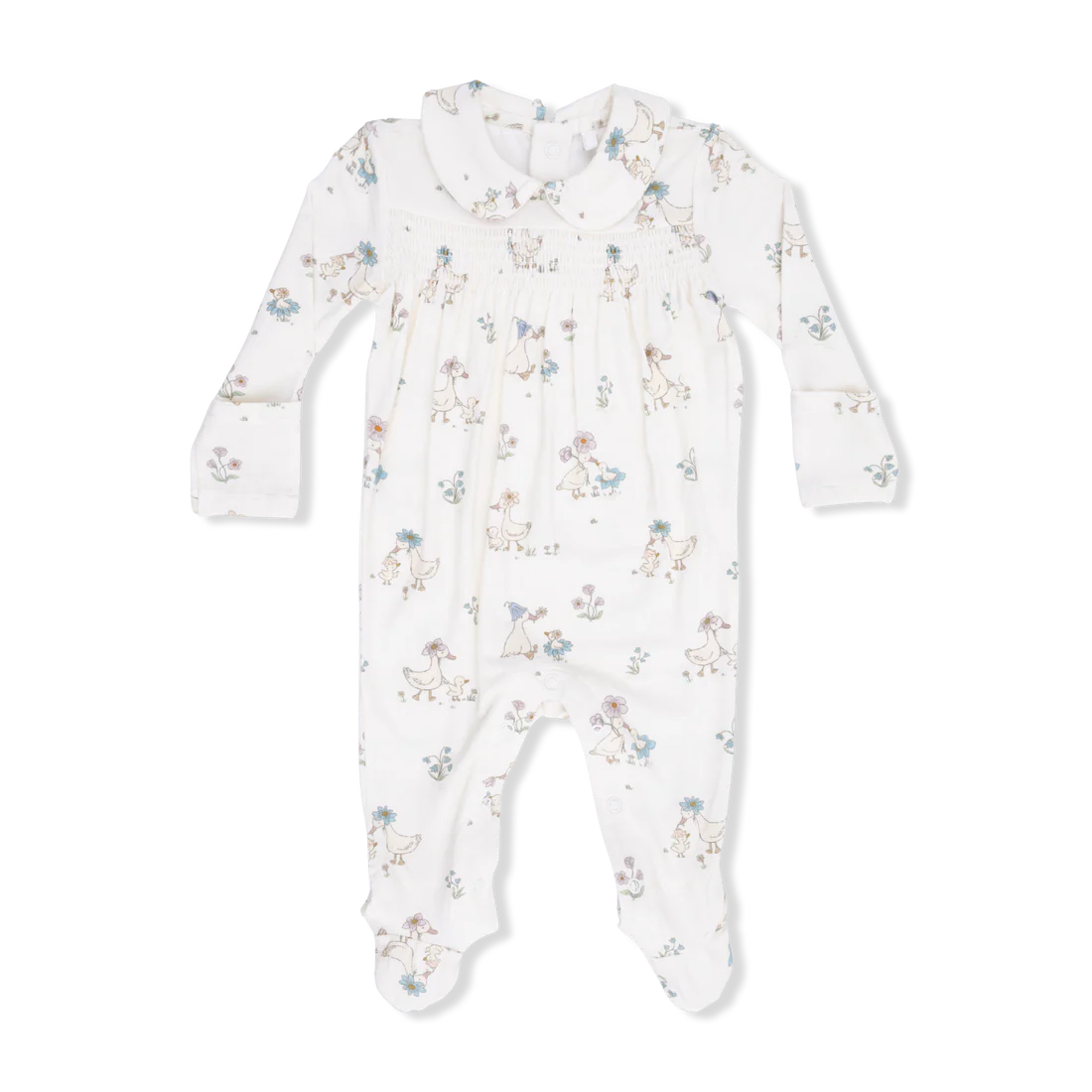 Angel Dear Smocked Peter Pan Snap Footie | Flower Ducklings