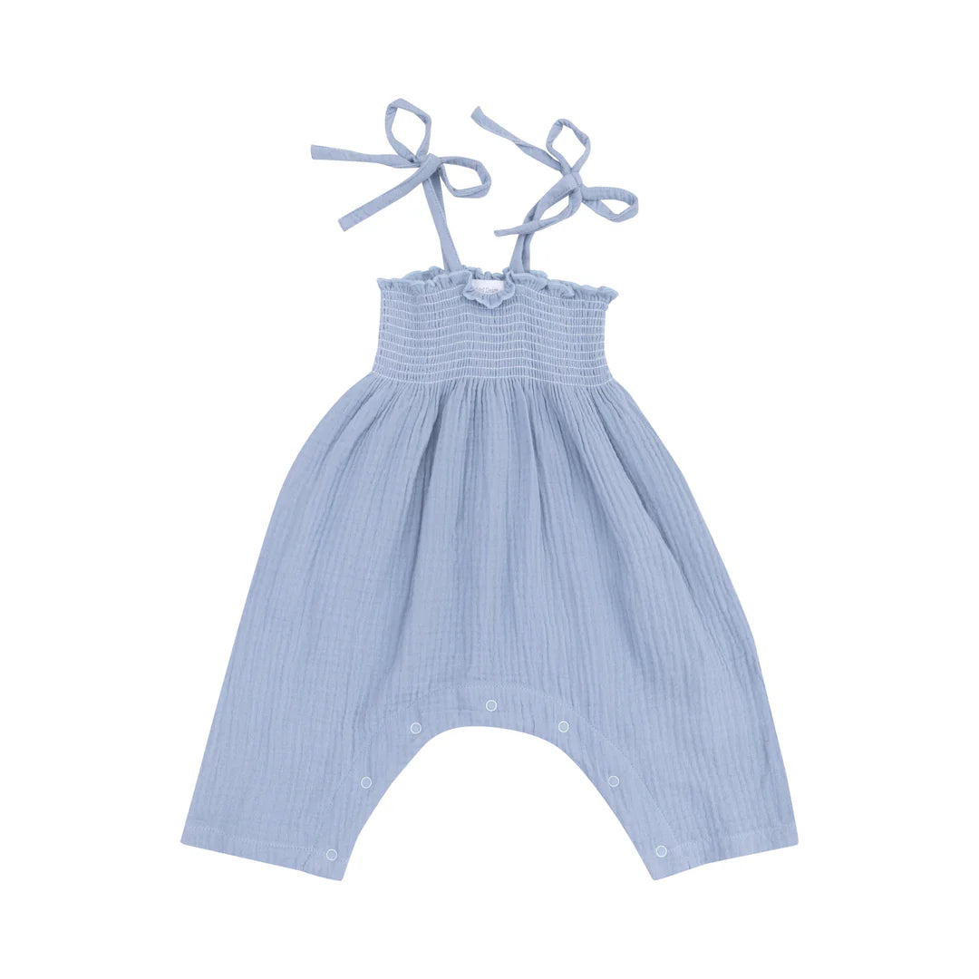 Angel Dear Solid Muslin Dusty Blue Tie Strap Smocked Romper