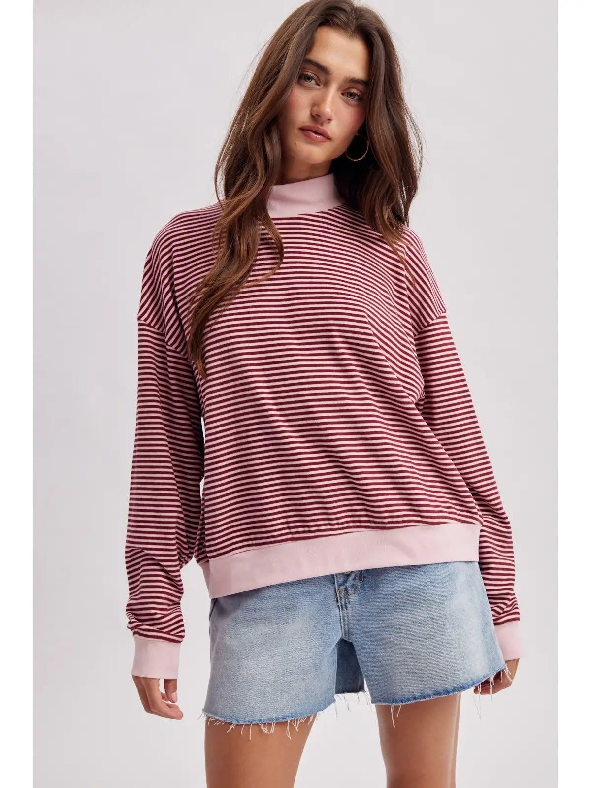 Pink/Burgundy Striped Mock Neck Knit Top