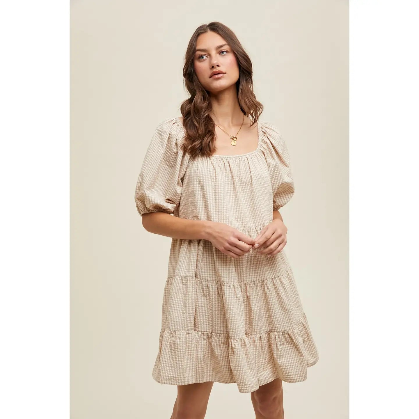 Gingham Puff Sleeve Tiered Dress