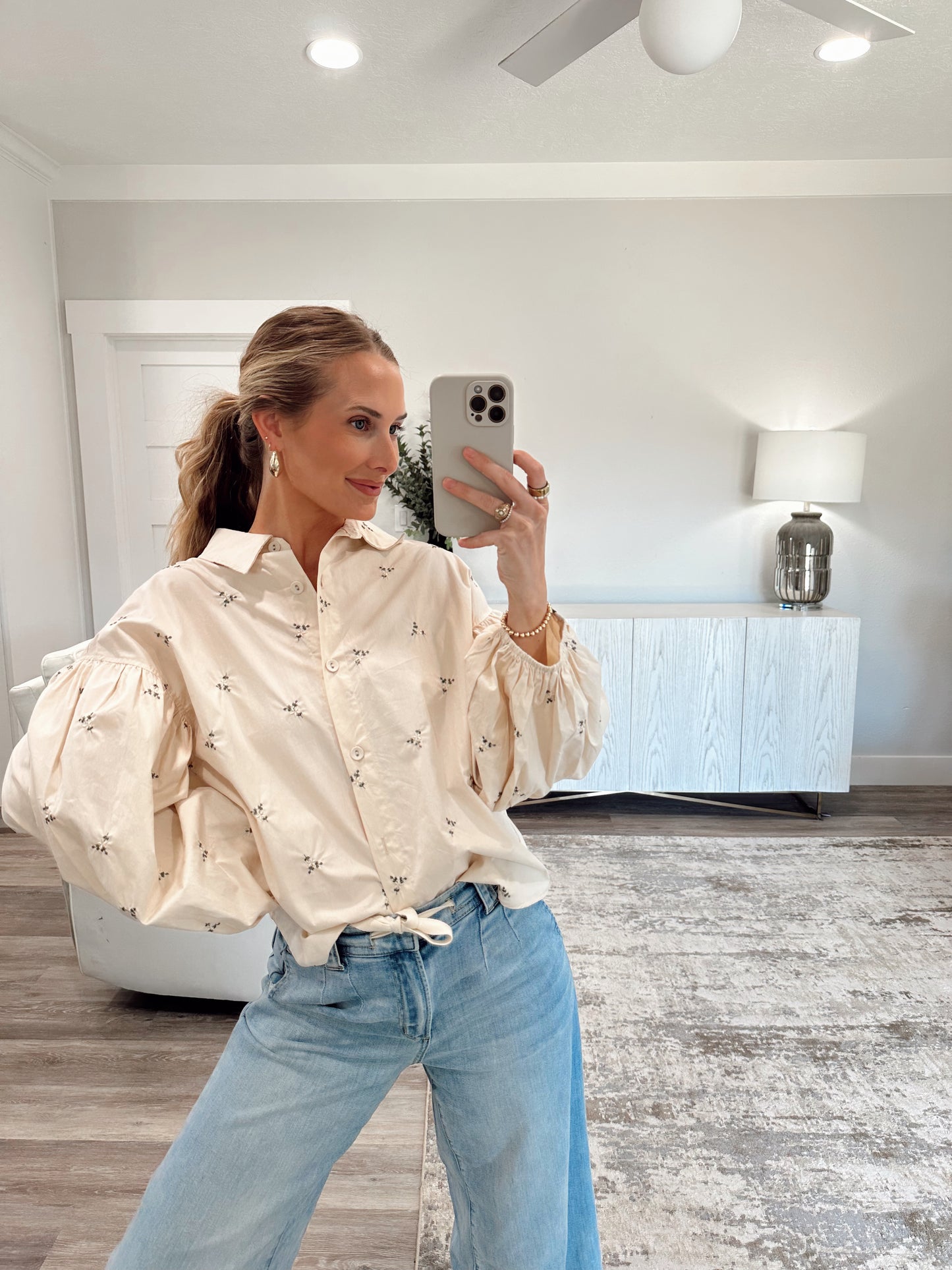 Floral Embroidered Balloon Sleeve Button Down Shirt