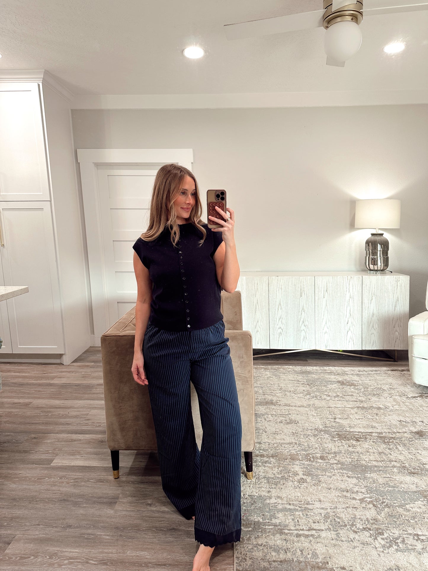 Navy Striped Scallop Edge Pants