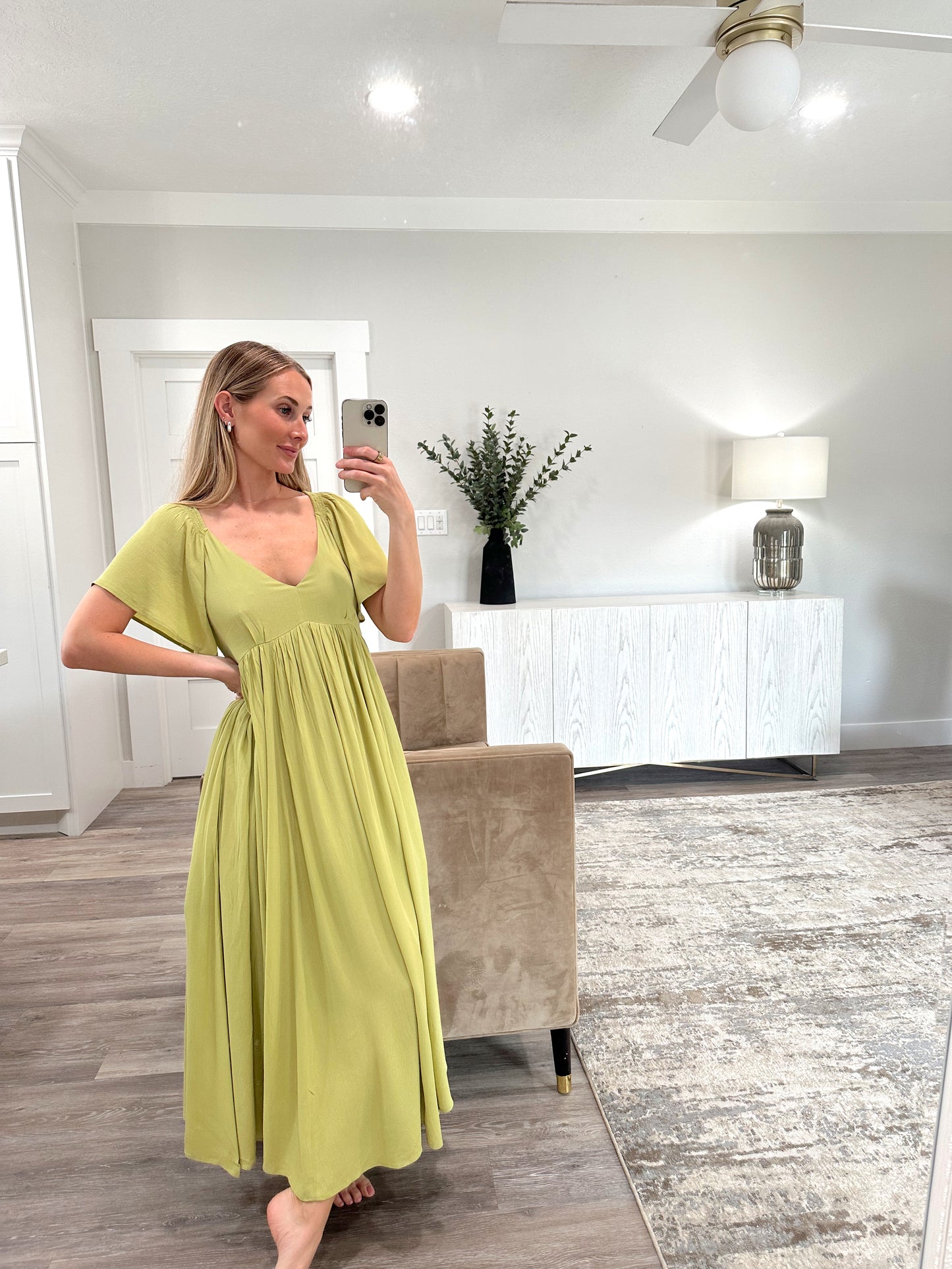 Pistachio Flutter Sleeve Maxi Dress