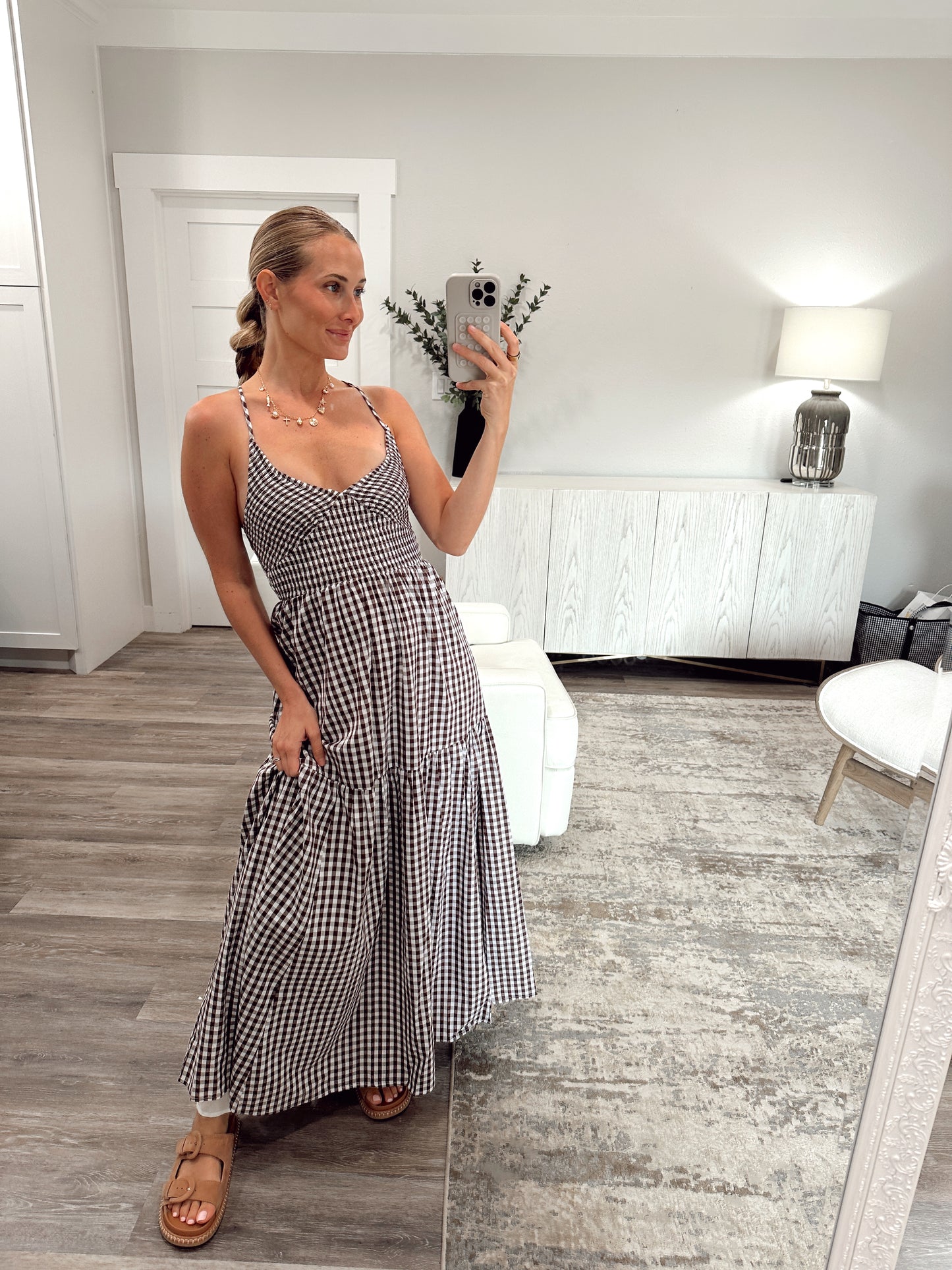 Smocked Bodice Checkered Maxi