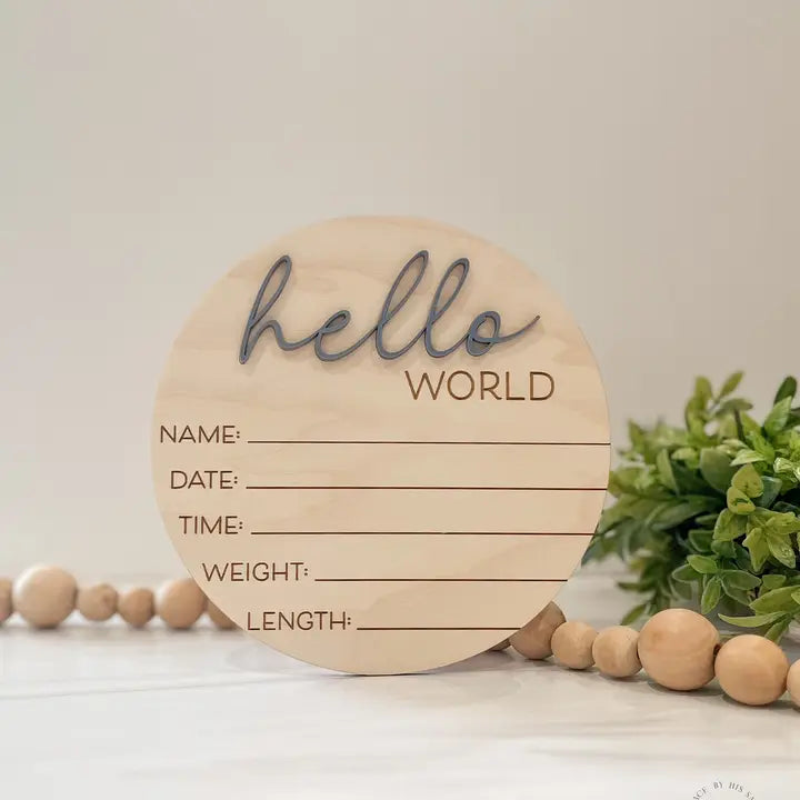 Wooden Hello World Baby Announcement Sign