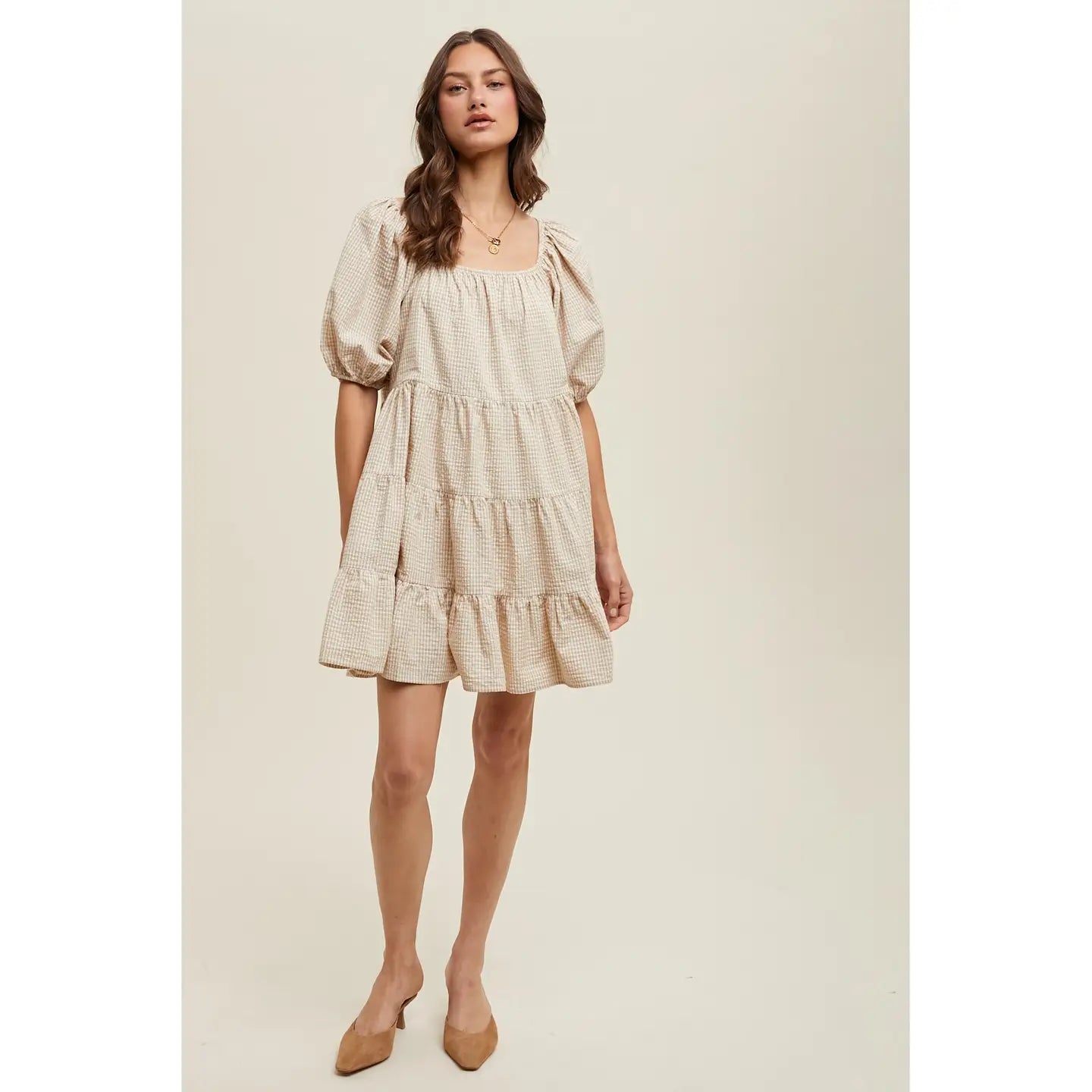 Gingham Puff Sleeve Tiered Dress