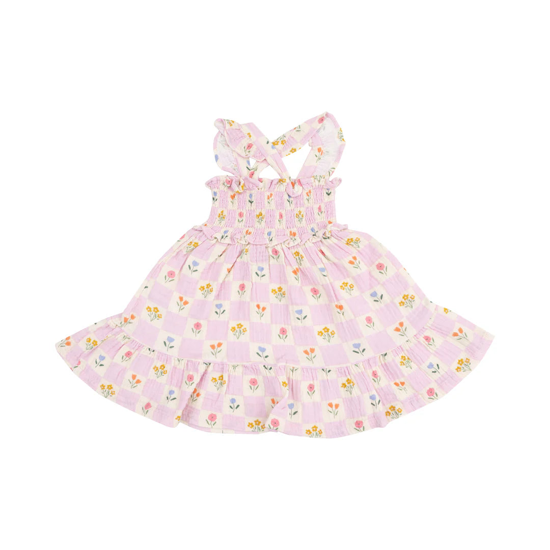 Angel Dear Floral Check Smocked Ruffle Sundress