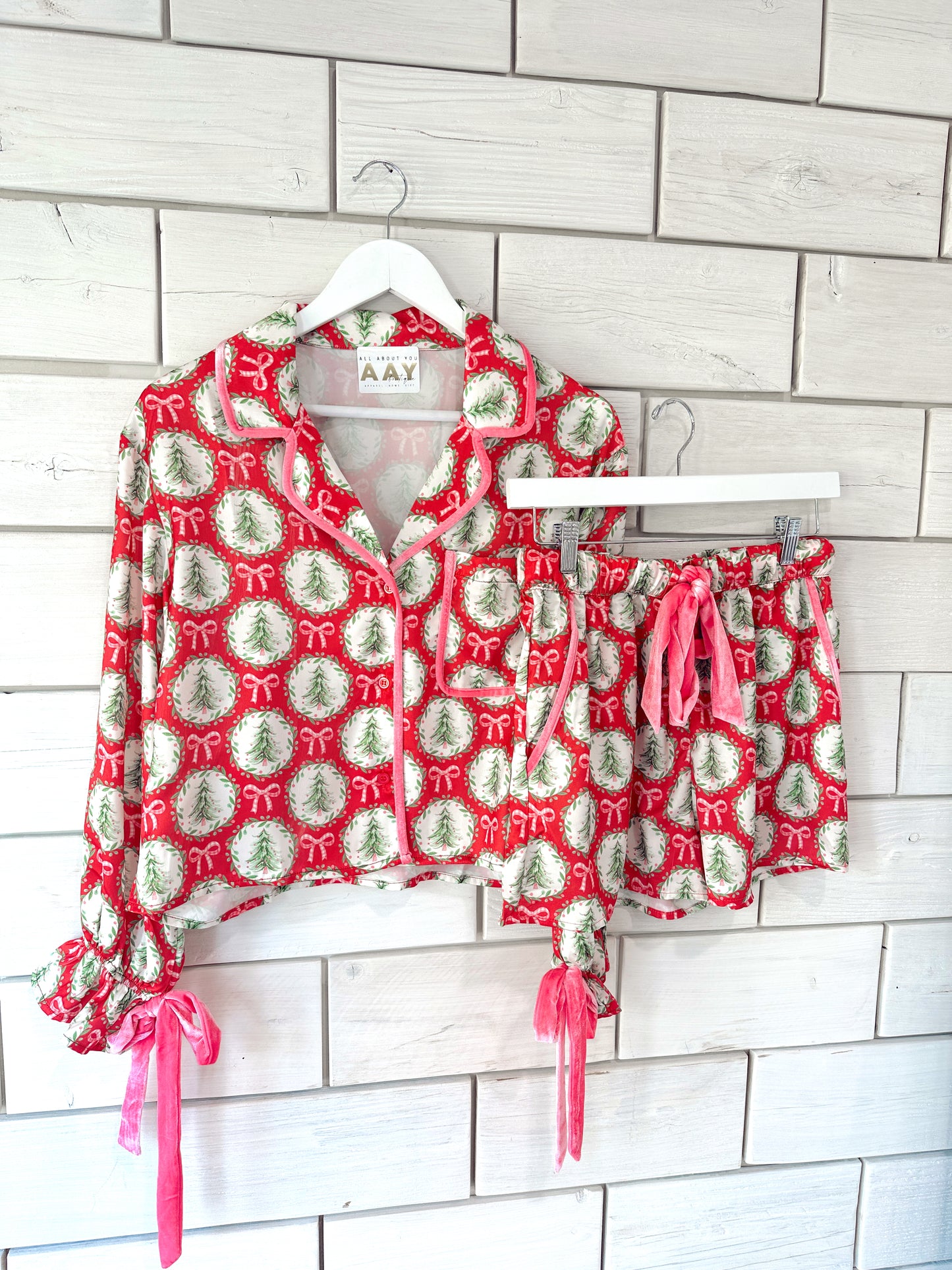 Satin Christmas Trees + Bows Pajama Set
