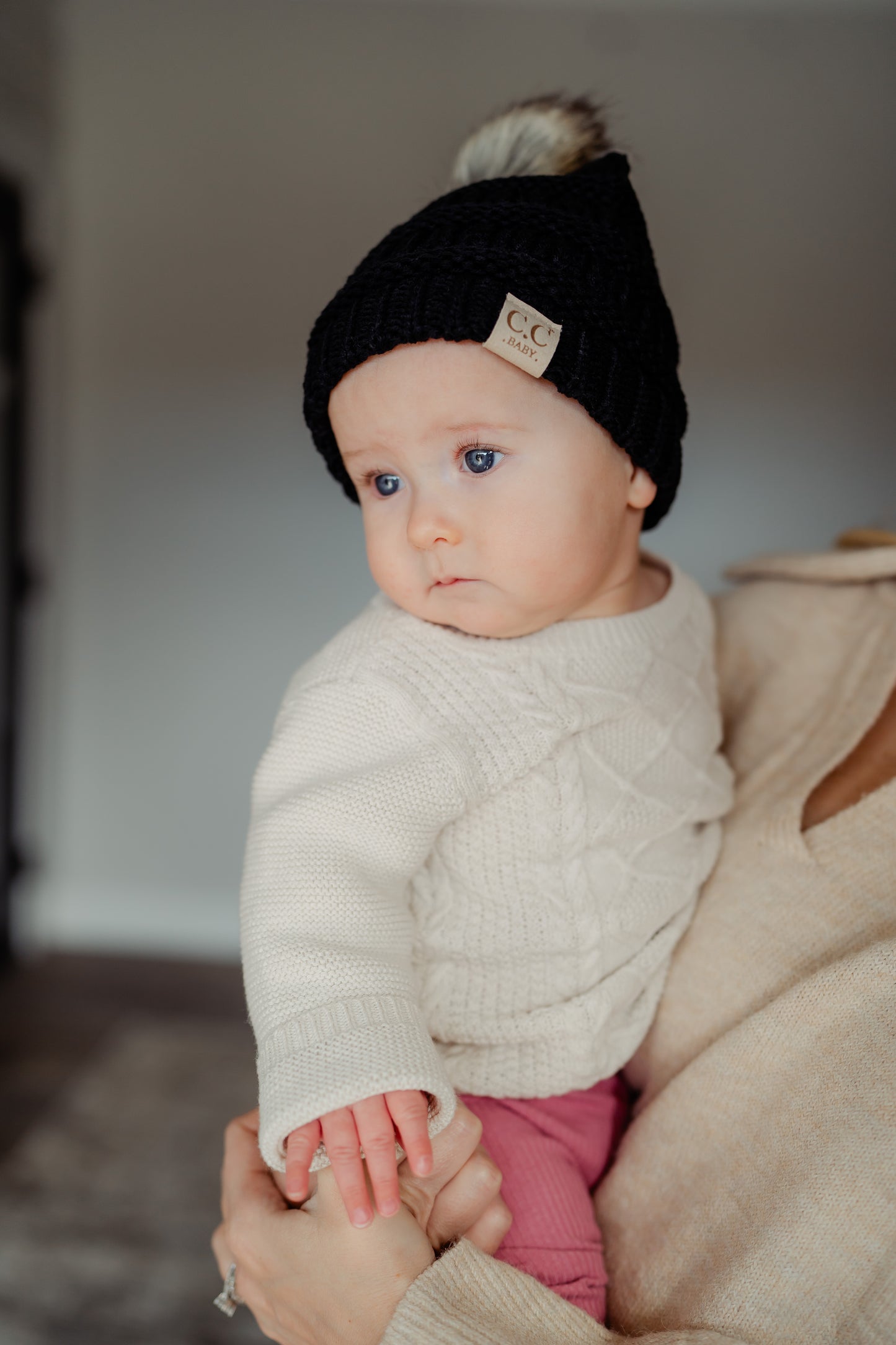 C.C Baby Fur Pom Beanie - Black