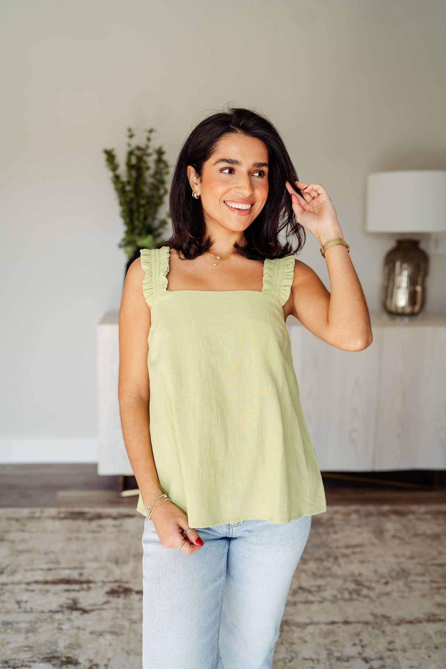Lime Smocked Strap Tank