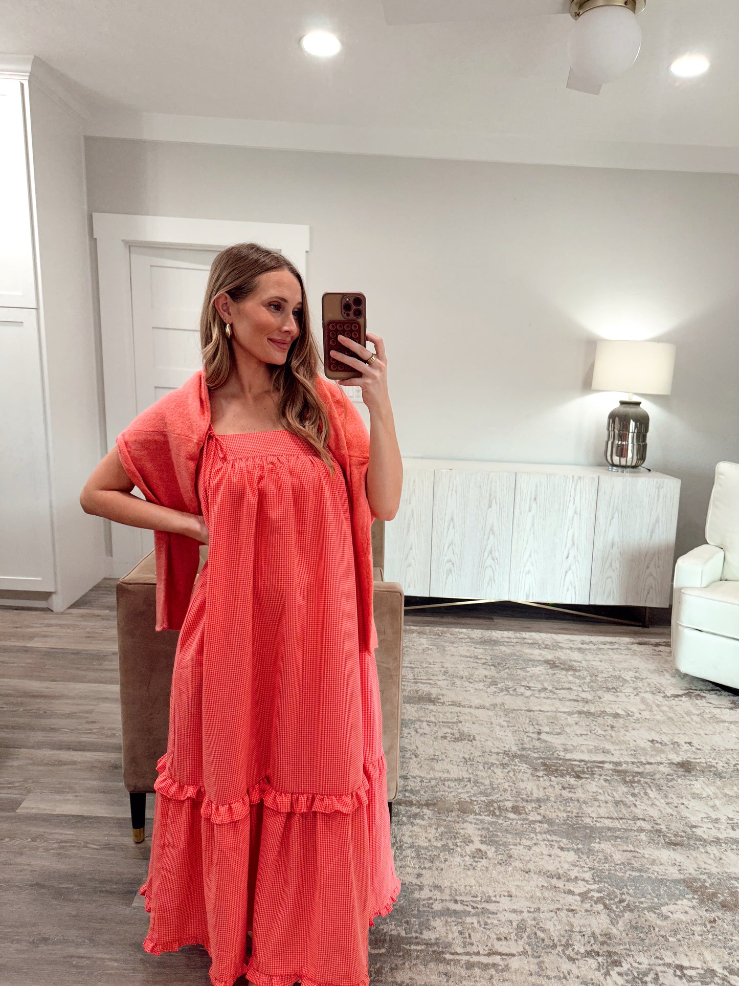 Gingham Ruffle Maxi Dress - Orange Pink