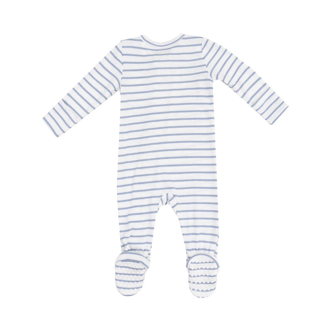 Angel Dear French Stripe Dusty Blue Ribbed Zipper Footie