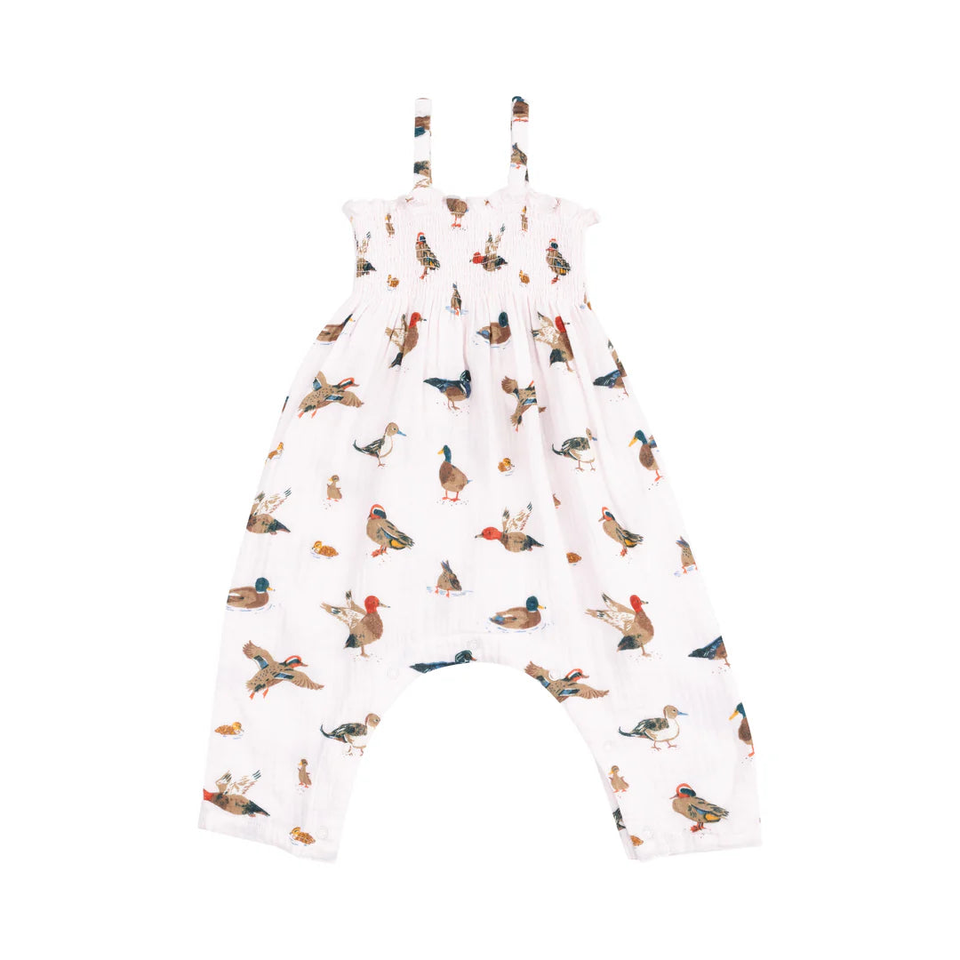 Angel Dear Pink Ducks Tie Strap Smocked Romper