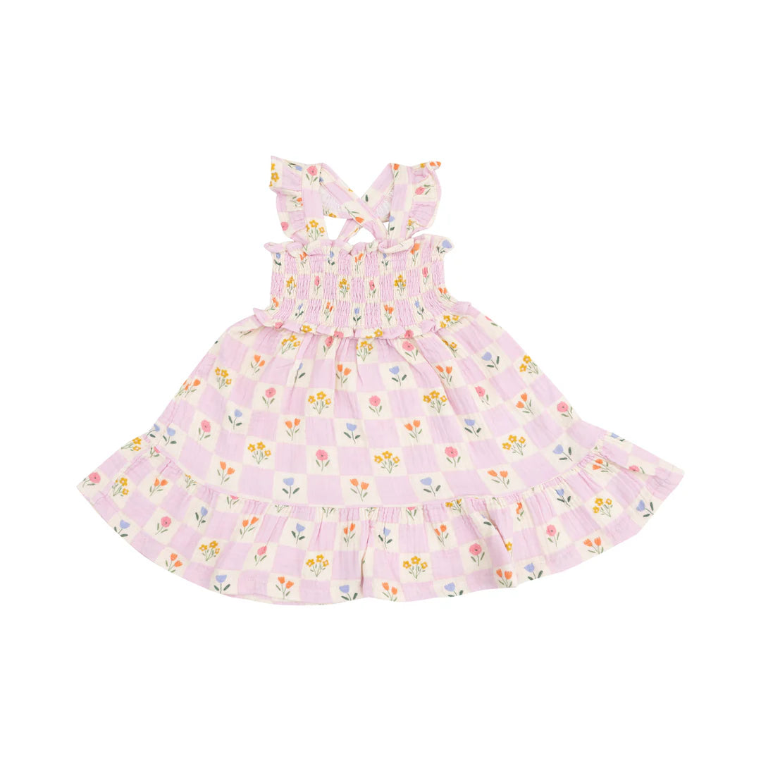 Angel Dear Floral Check Smocked Ruffle Sundress