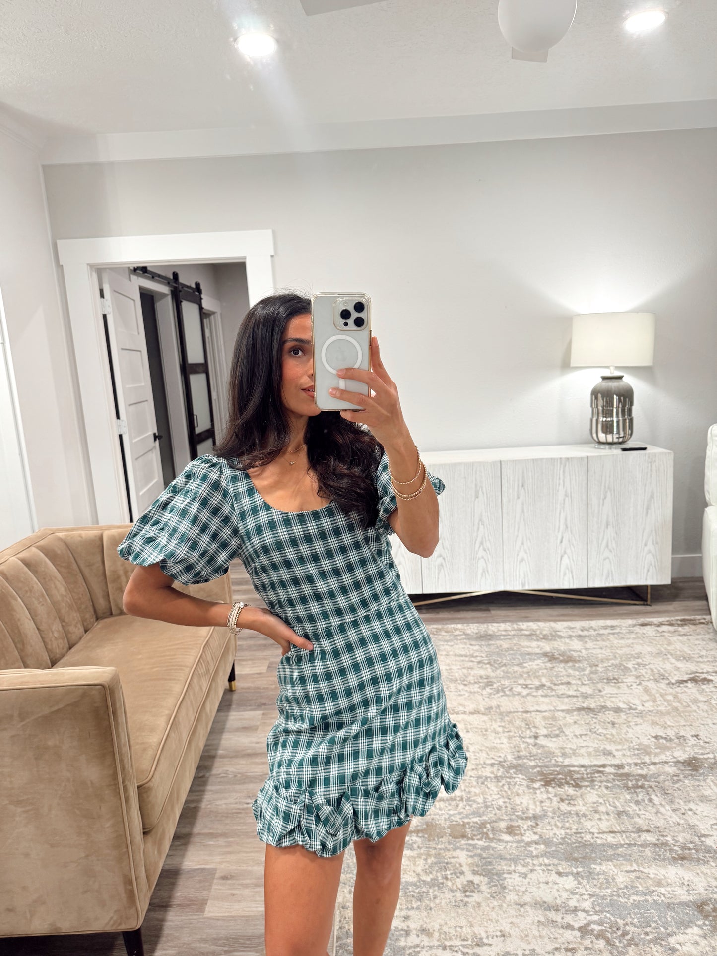 Plaid Puff Sleeve Mini Dress