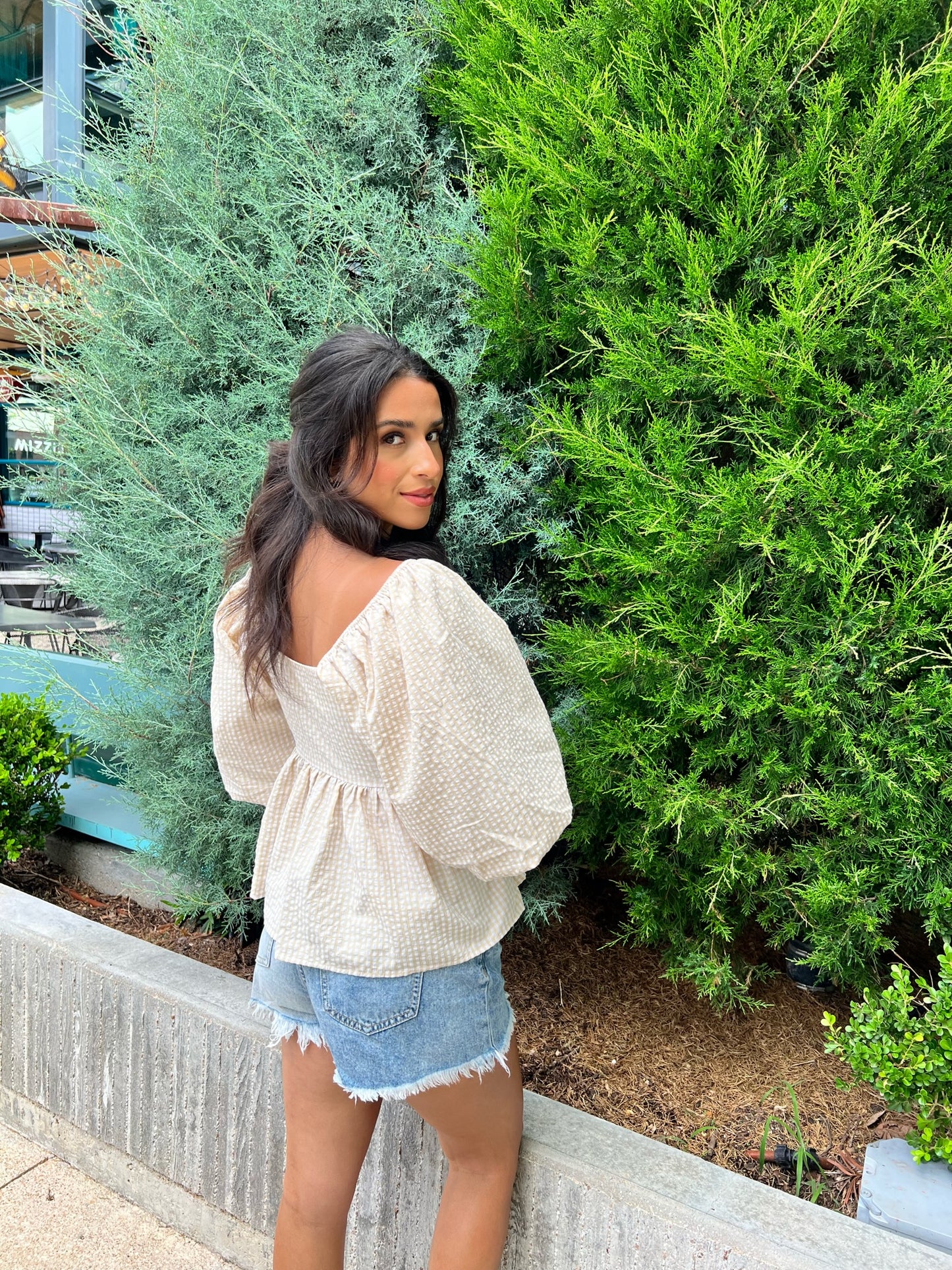 Seersucker Gingham Puff Sleeve Top