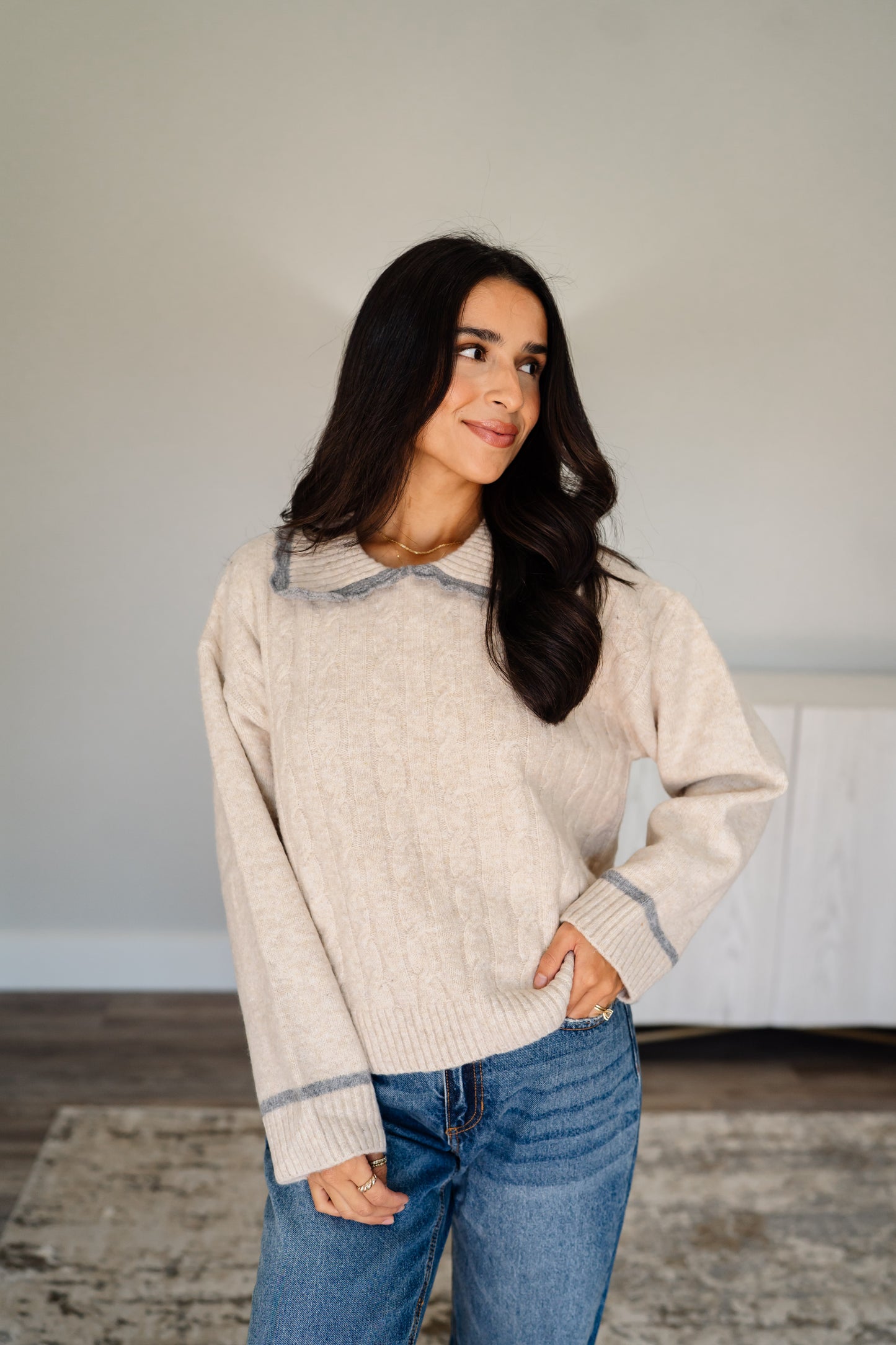 Contrast Collar Cable Knit Sweater