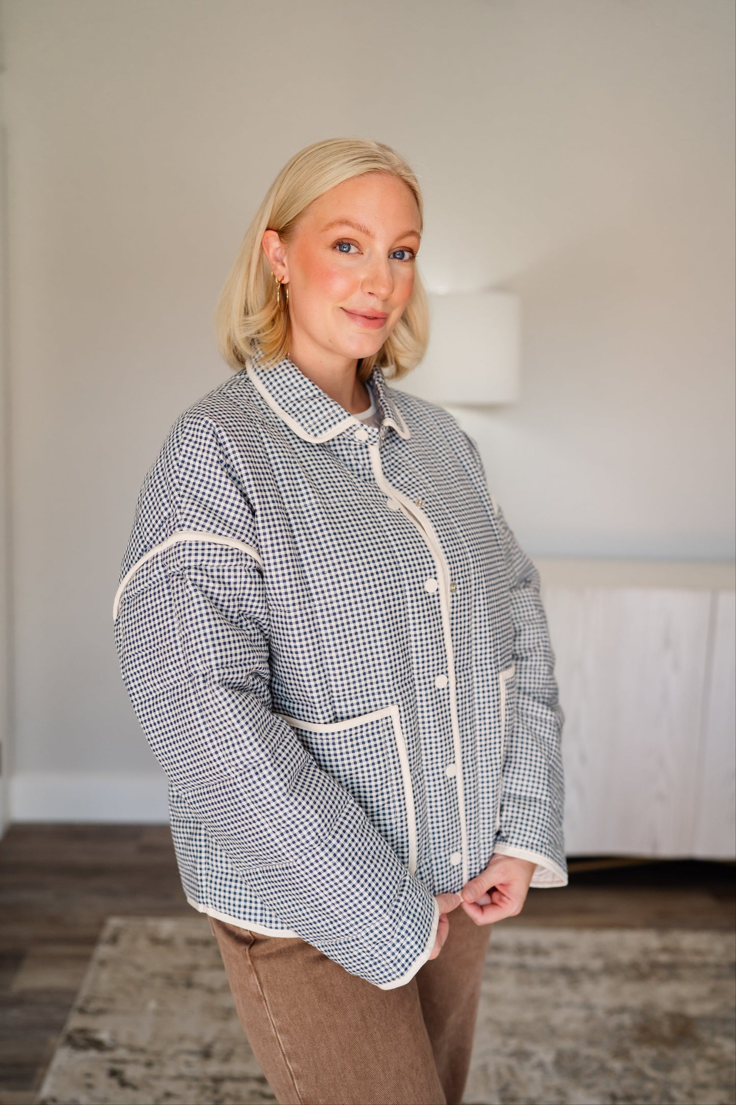 Gingham Piping Jacket - Deep Blue/Cream