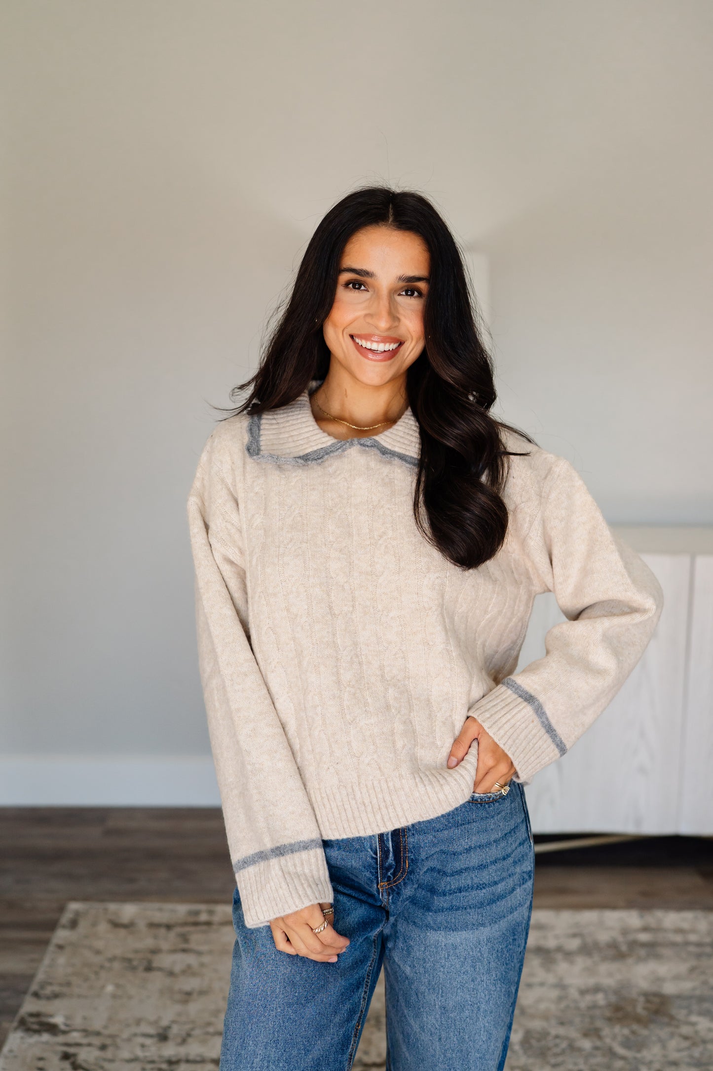Contrast Collar Cable Knit Sweater