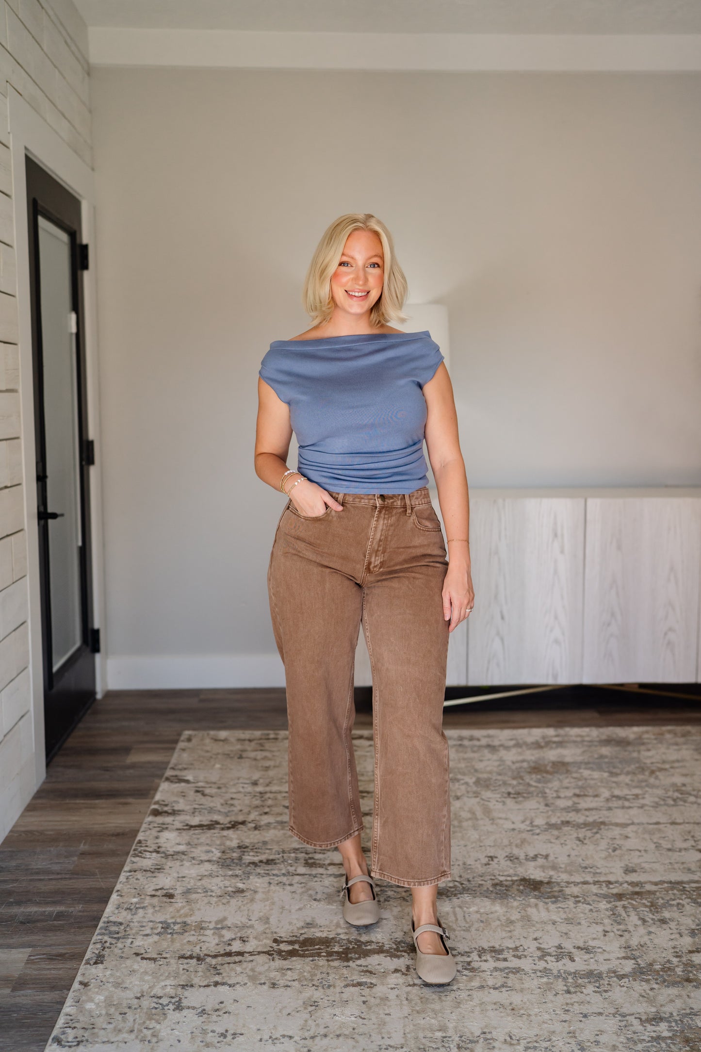 Wide Neck Pleated Knit Top