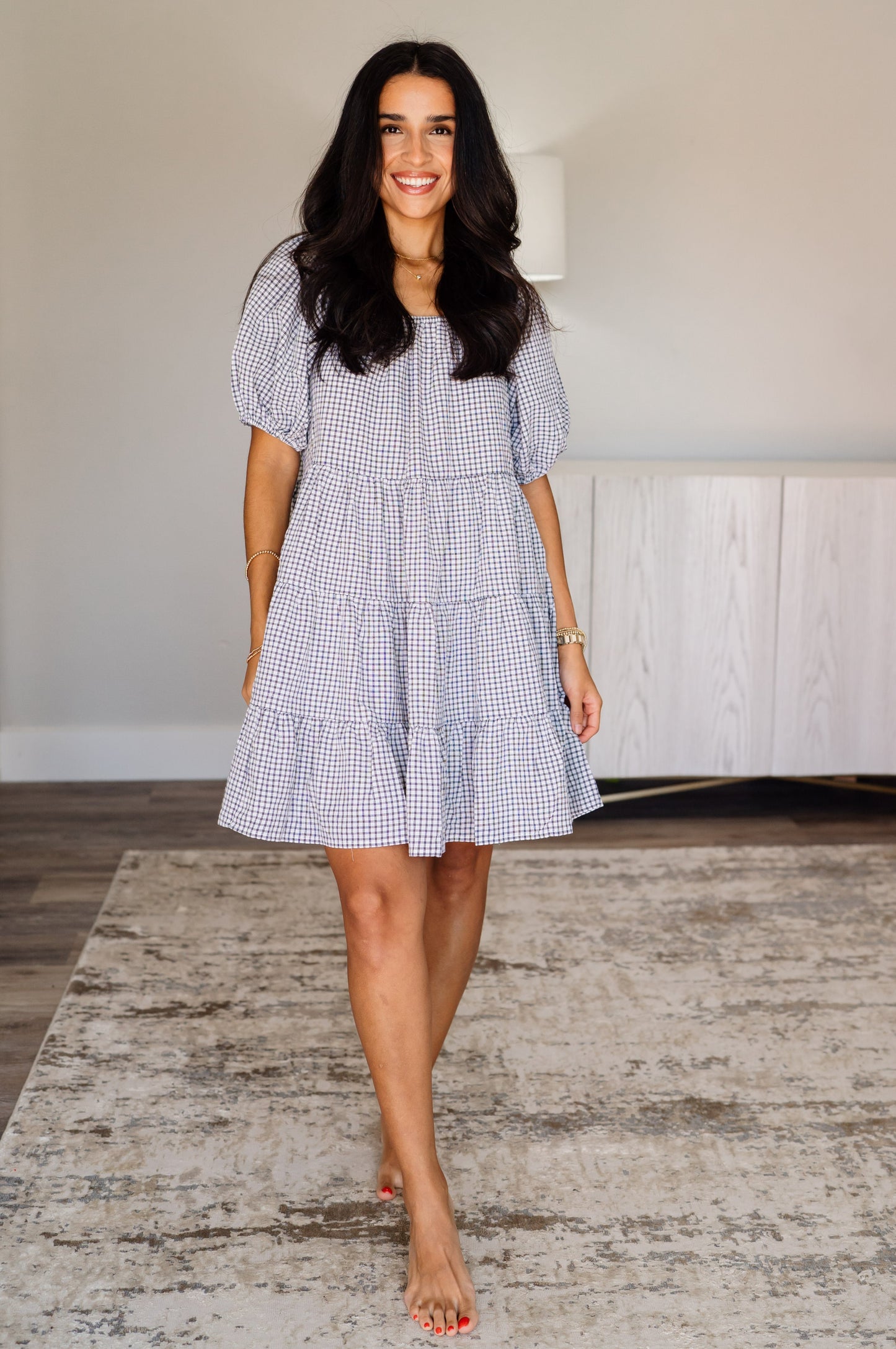 Plaid Puff Sleeve Tiered Dress - Black/Cream