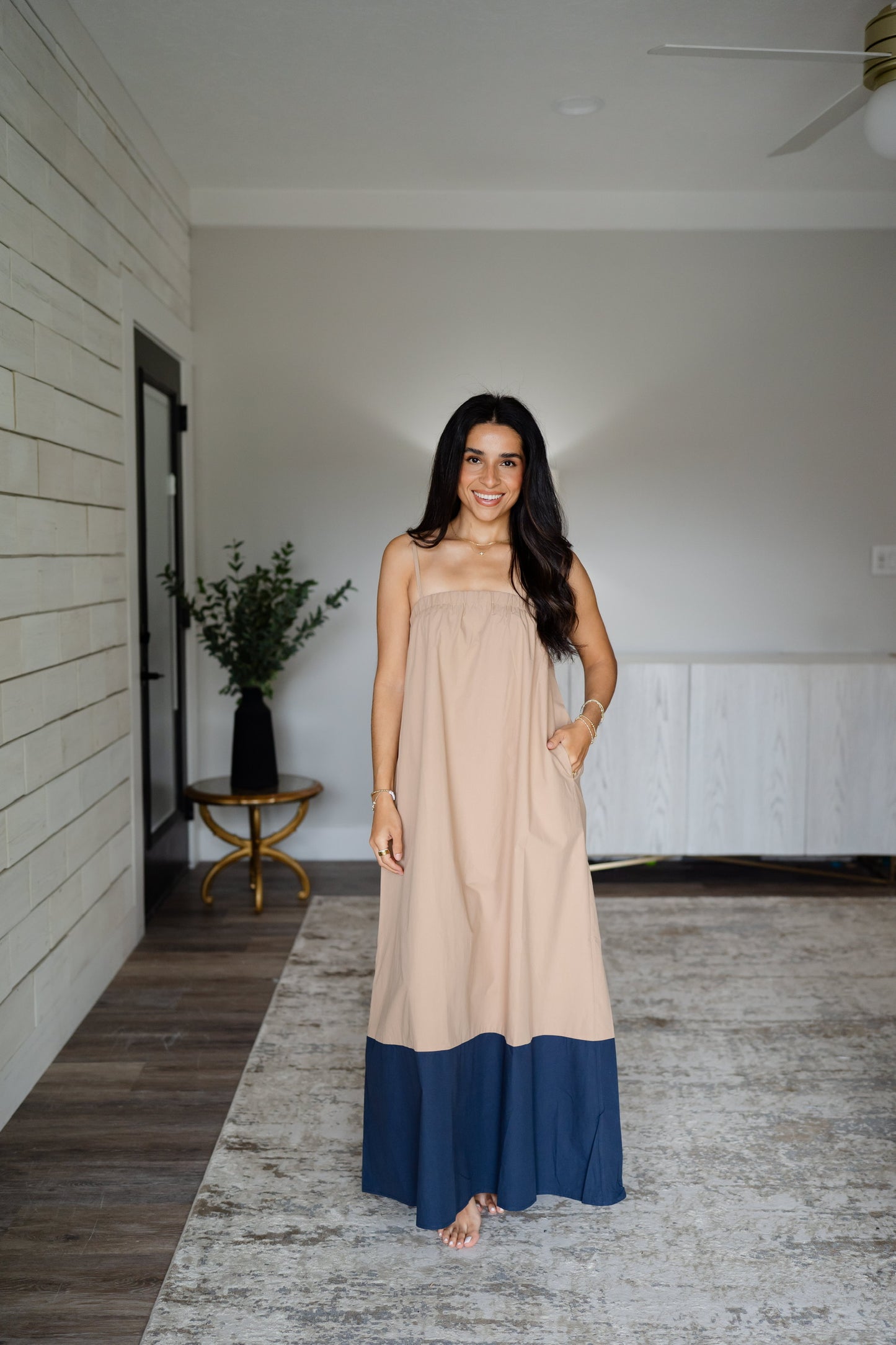 Poplin Colorblock Adjustable Strap Maxi Dress