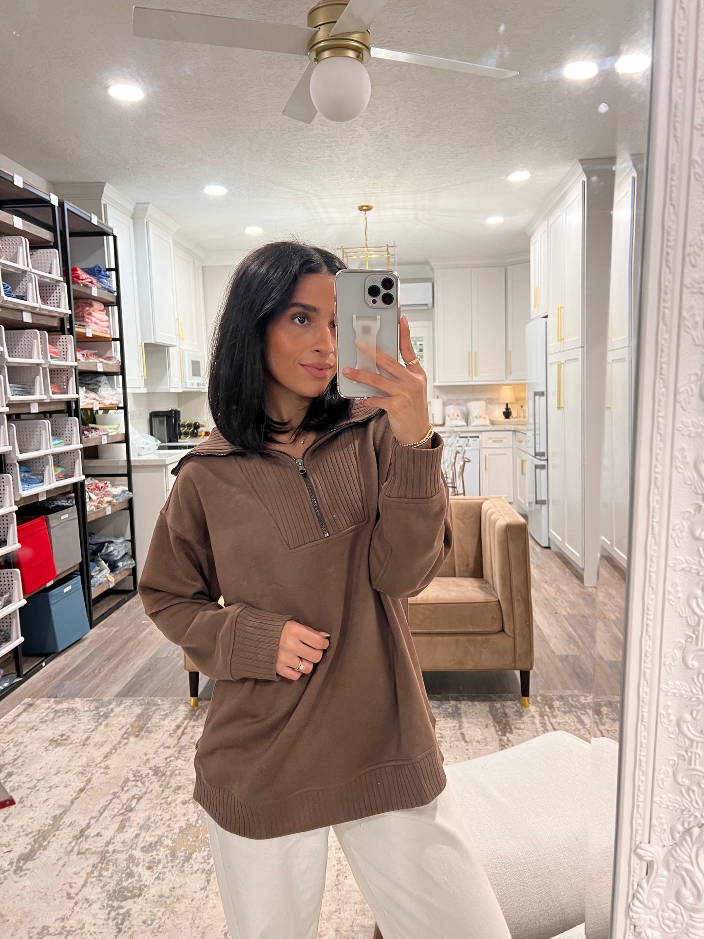 Coffee Ribbed Mock Neck Quarter Zip