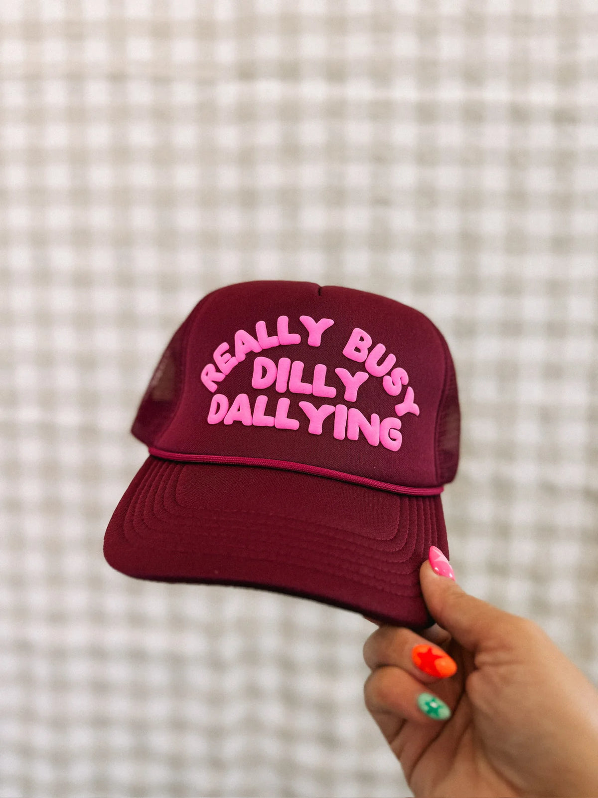 Dilly Dally Trucker Hat - Burgundy/Pink