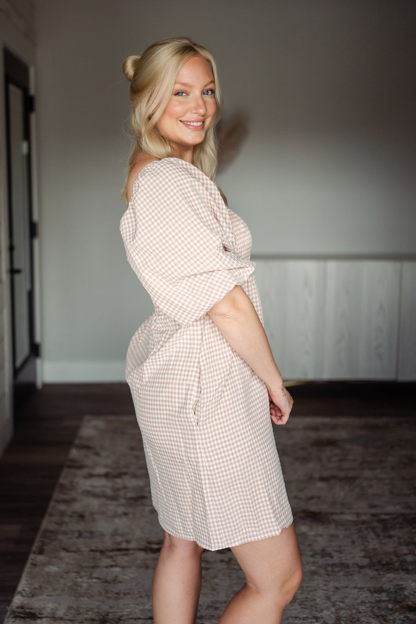Rose Gingham Puff Sleeve Dress