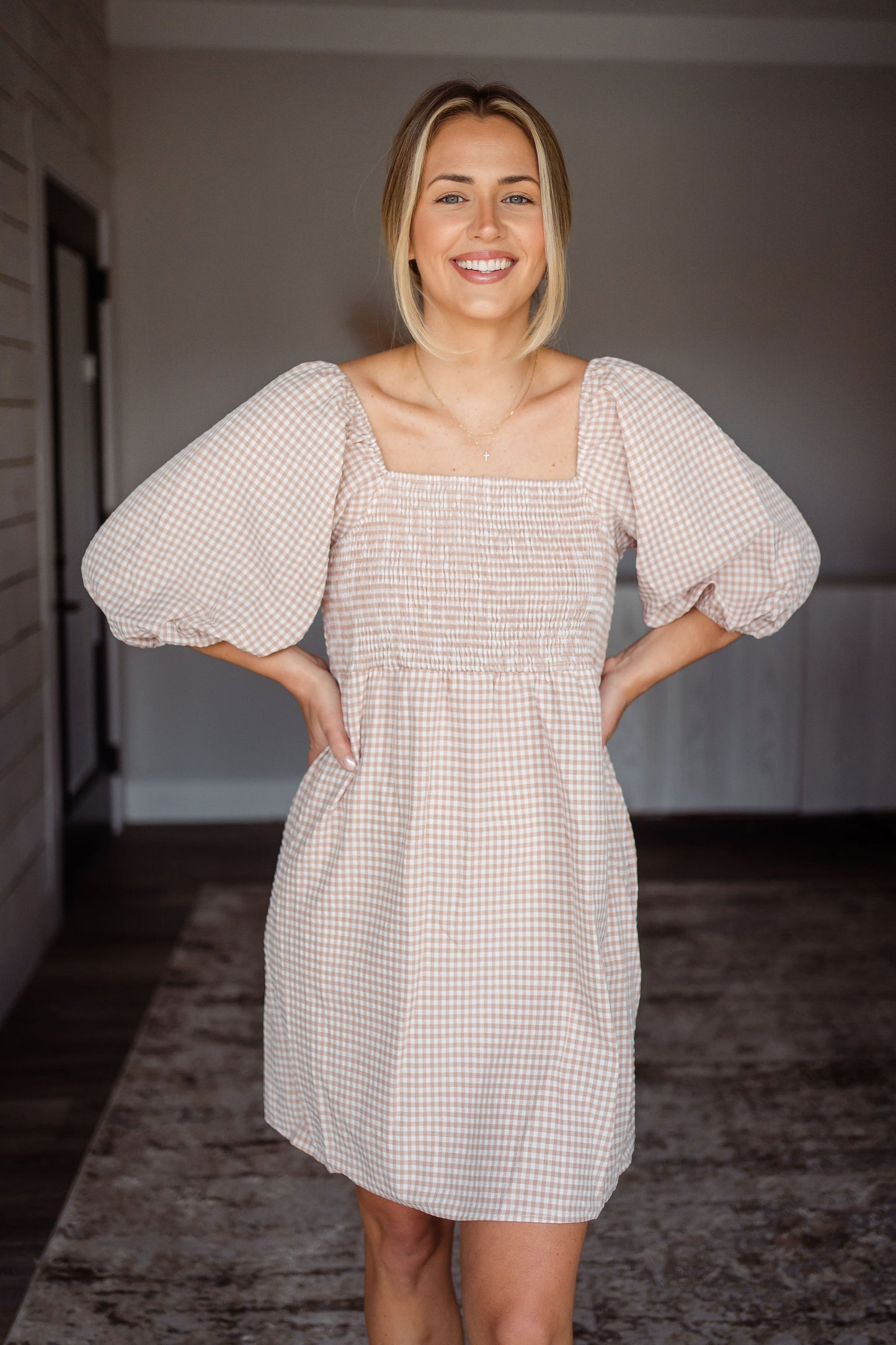 Rose Gingham Puff Sleeve Dress