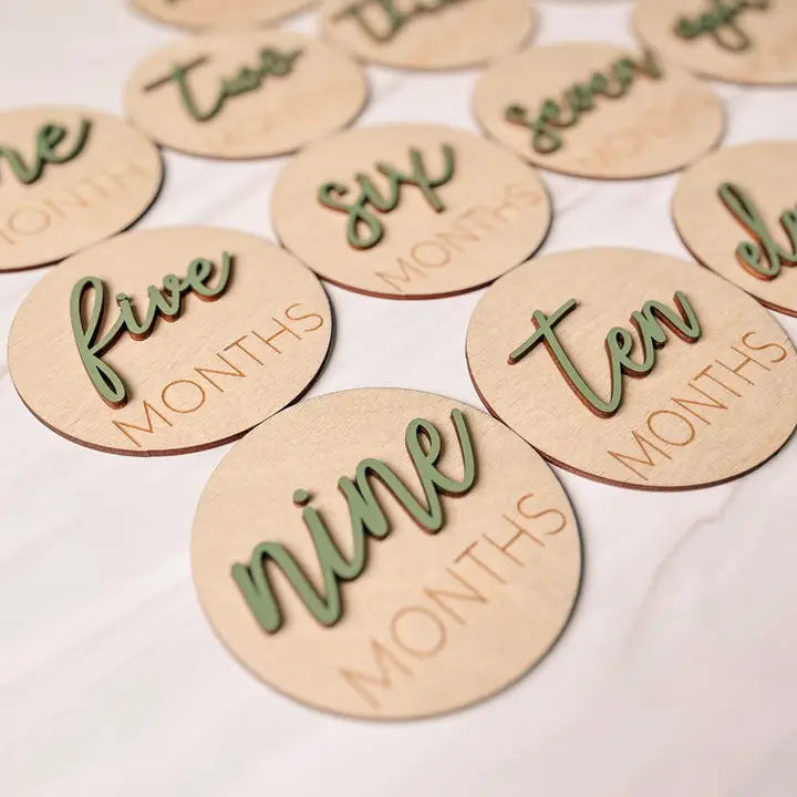 3D Wooden Monthly Milestone Discs w/ Sage Letters