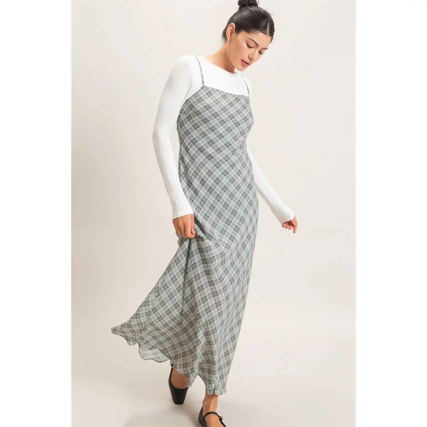 Sage Plaid Spaghetti Strap Maxi Dress