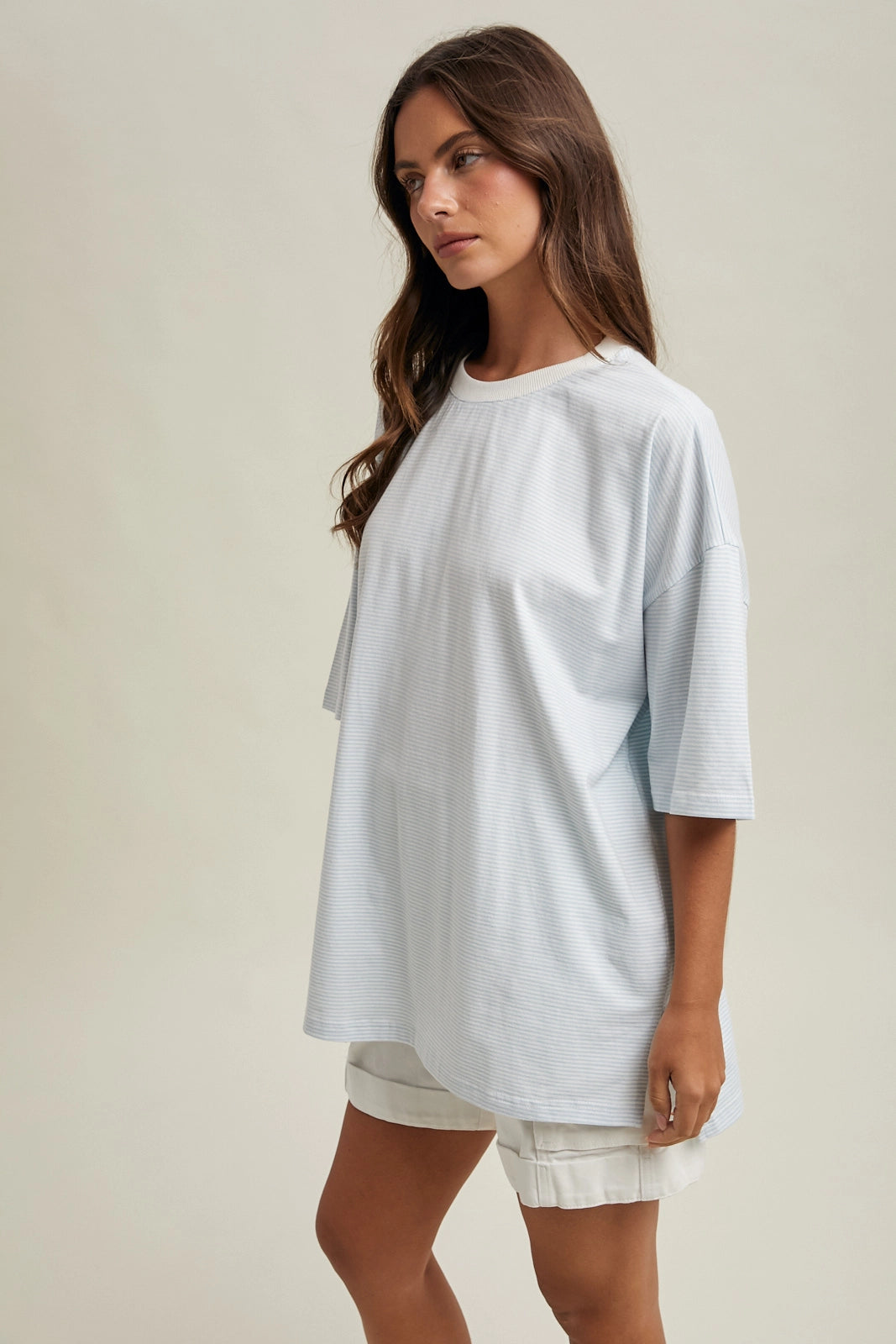 Oversized Striped Tee - Sky Blue/White