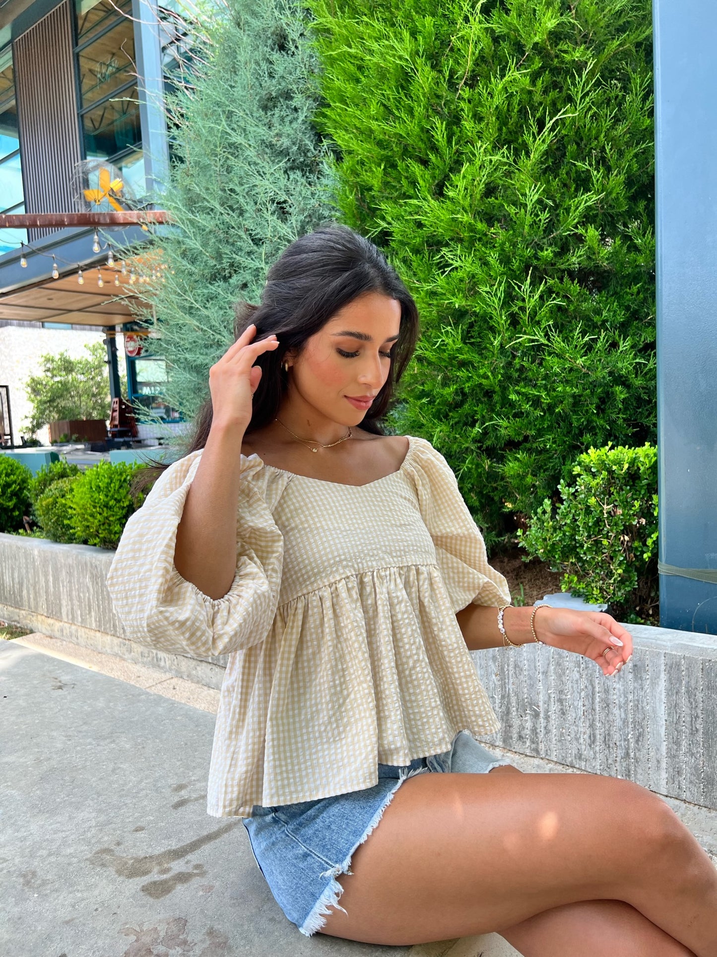 Seersucker Gingham Puff Sleeve Top