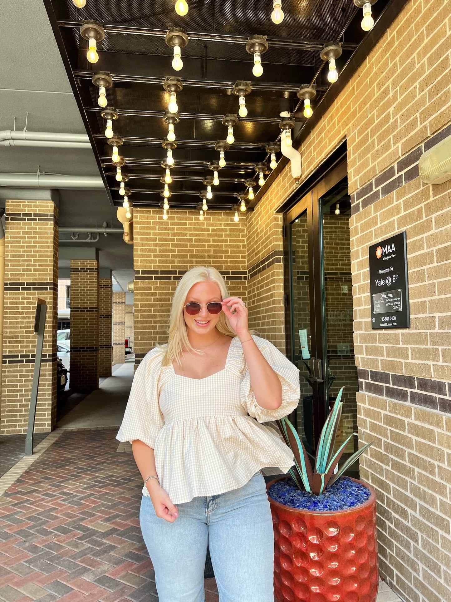 Seersucker Gingham Puff Sleeve Top