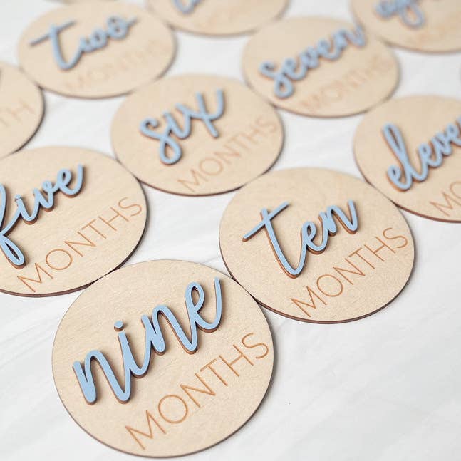 3D Wooden Monthly Milestone Discs w/ Light Blue Letters