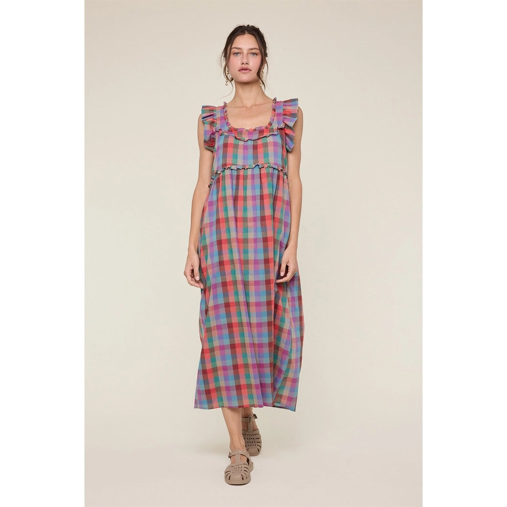 Rainbow Plaid Ruffle Sleeve Midi Dress