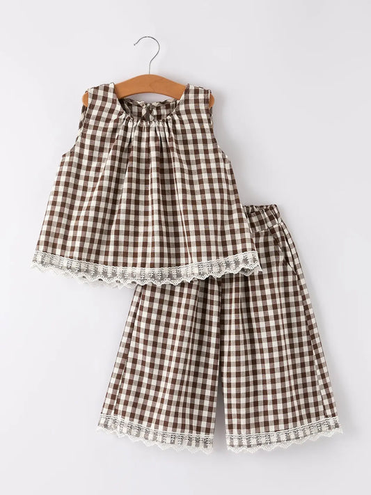 Coffee Color Plaid Top + Pant Set