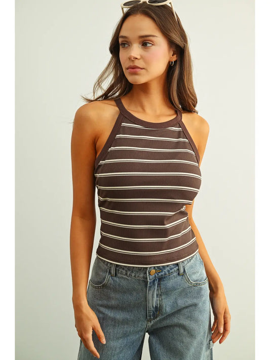 High Neck Striped Tank | Built in Bra