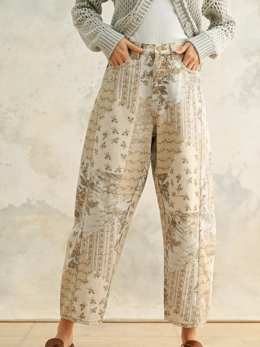 Multi Printed Barrel Jeans